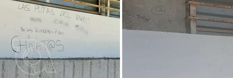 El muro de Las Remudas donde figuraban los mensajes insultantes, antes y después/TA.